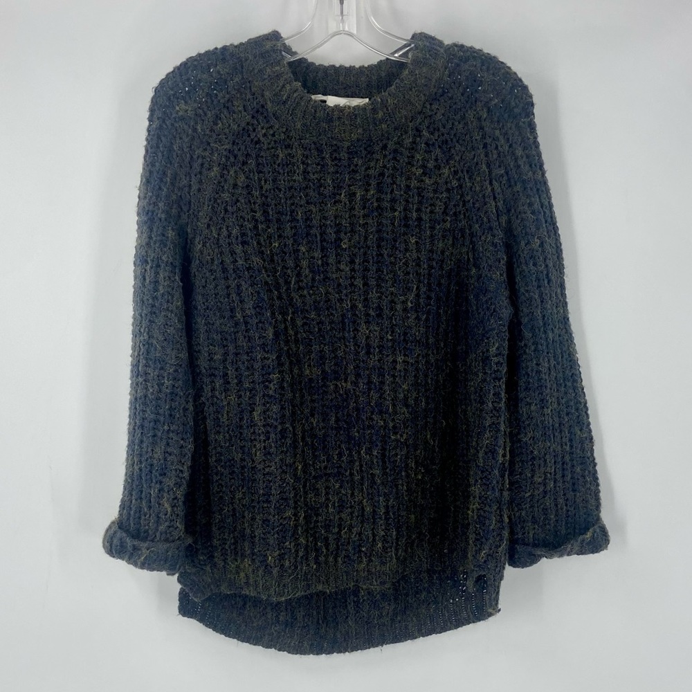 Workshop Chunky Knit Sweater Oversized Womens Medium Dark Gray Blue Tan Yarn